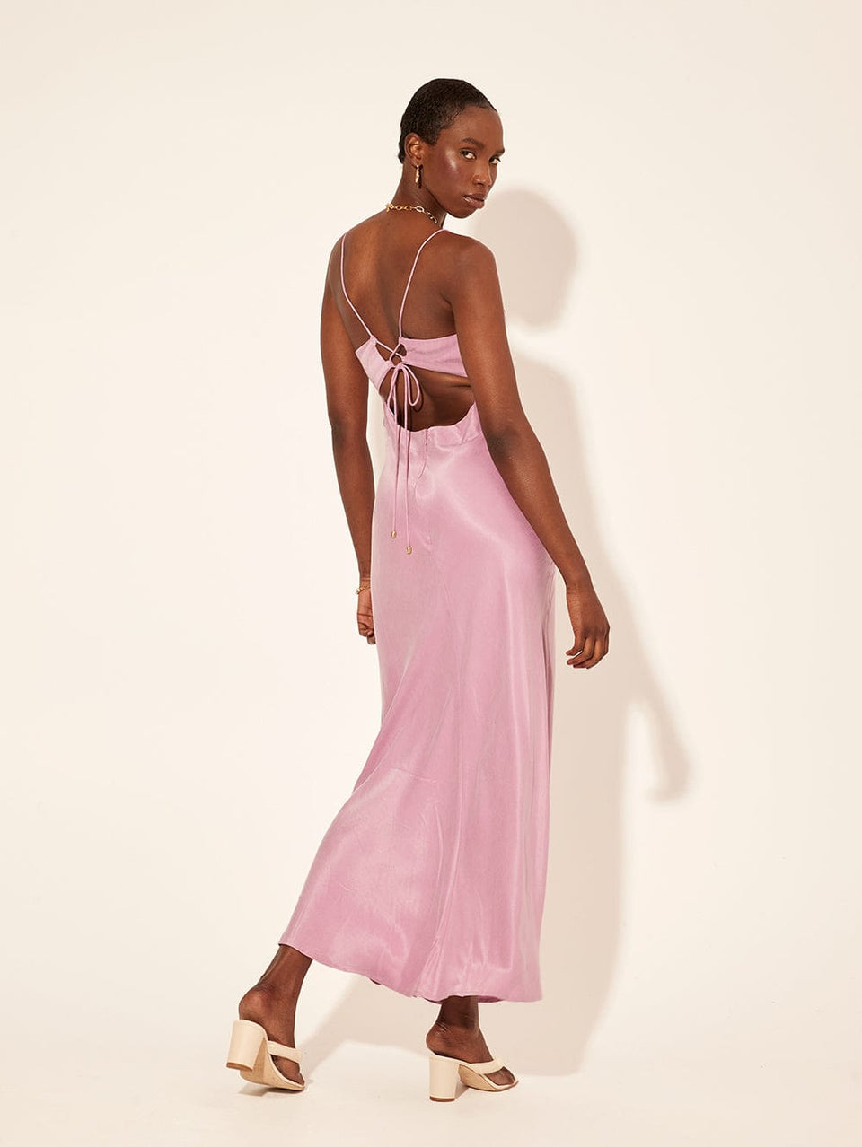 Bianca Slip Dress KIVARI | Model wears lavender slip dress back view