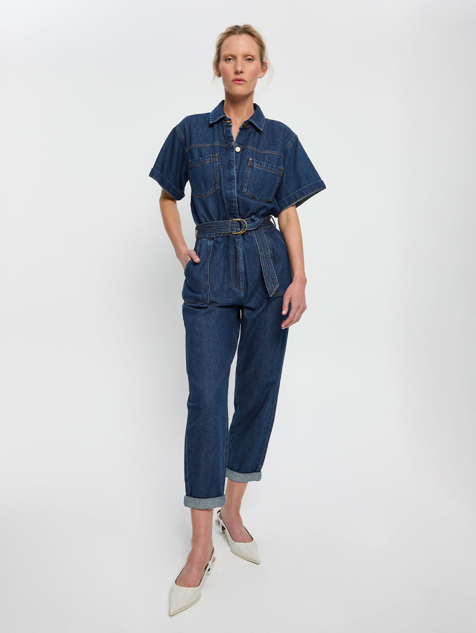 Brae Boilersuit Indigo KIVARI | Model wears indigo blue denim boilersuit