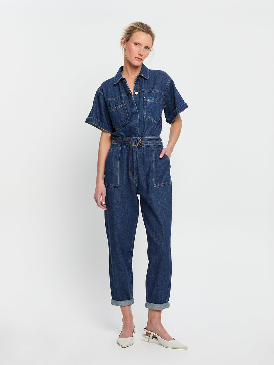 Brae Boilersuit Indigo KIVARI | Model wears indigo blue denim boilersuit