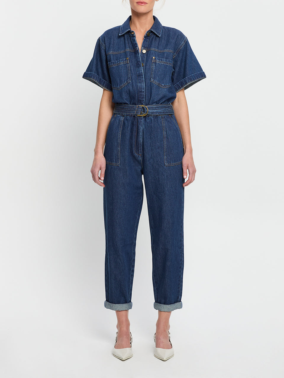 Brae Boilersuit Indigo KIVARI | Model wears indigo blue denim boilersuit