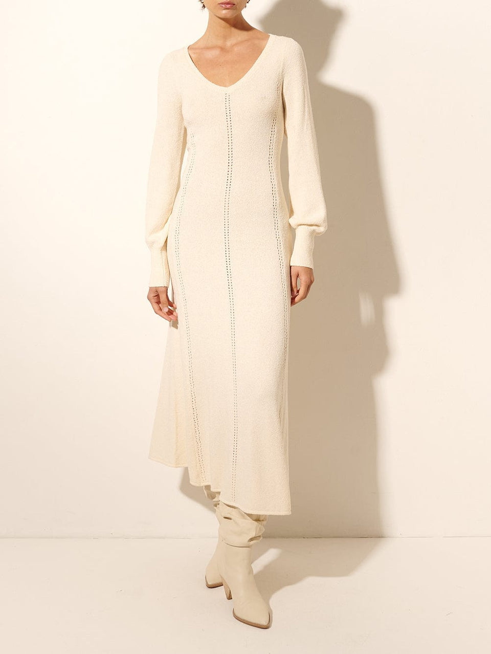 Cali Knit Dress KIVARI | Model wears cream knit midi dress
