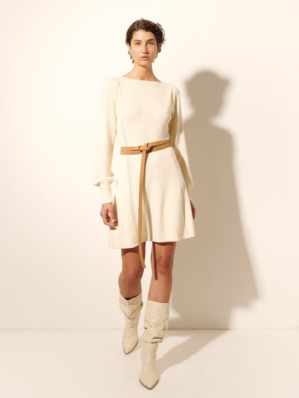 Cali Knit Mini Dress KIVARI | Model wears cream knit mini dress