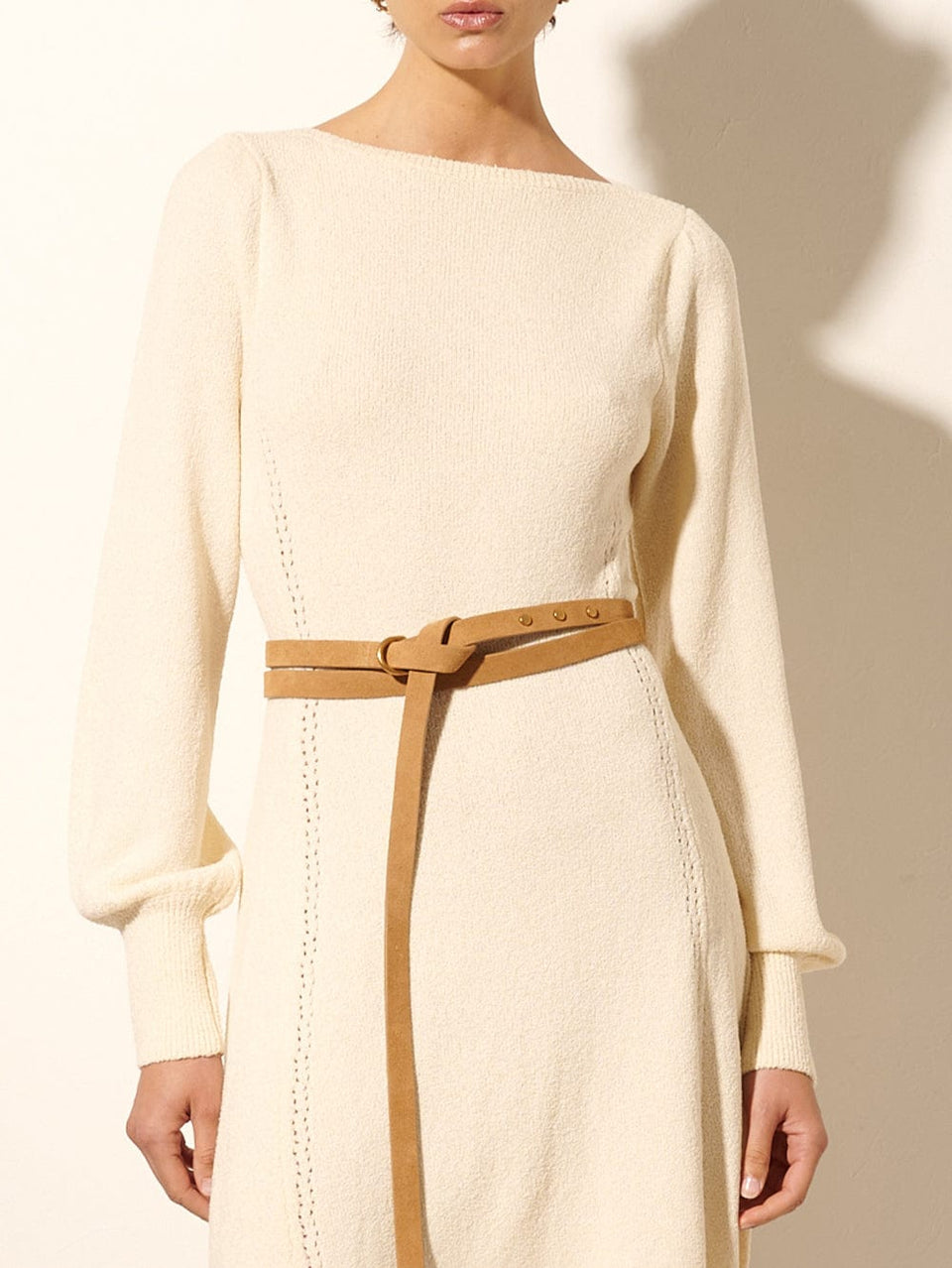 Cali Knit Mini Dress KIVARI | Model wears cream knit mini dress close up