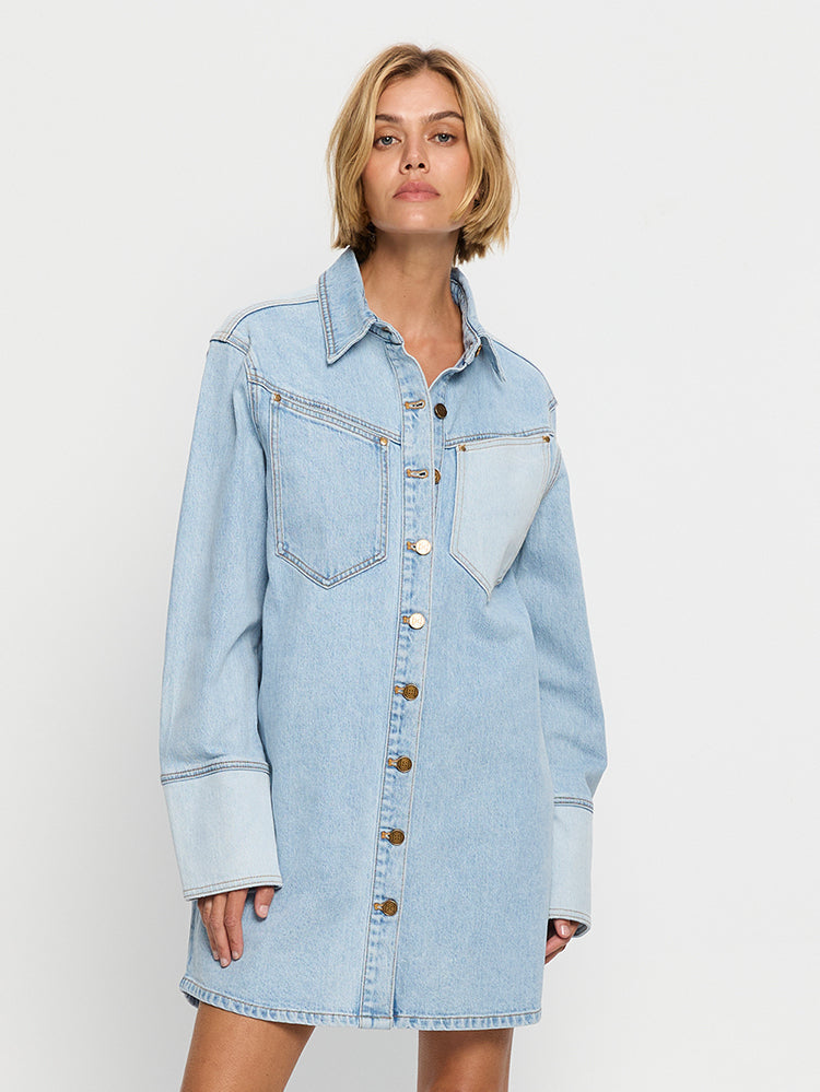 Carla Denim Dress KIVARI | Model wearing denim shirt dress