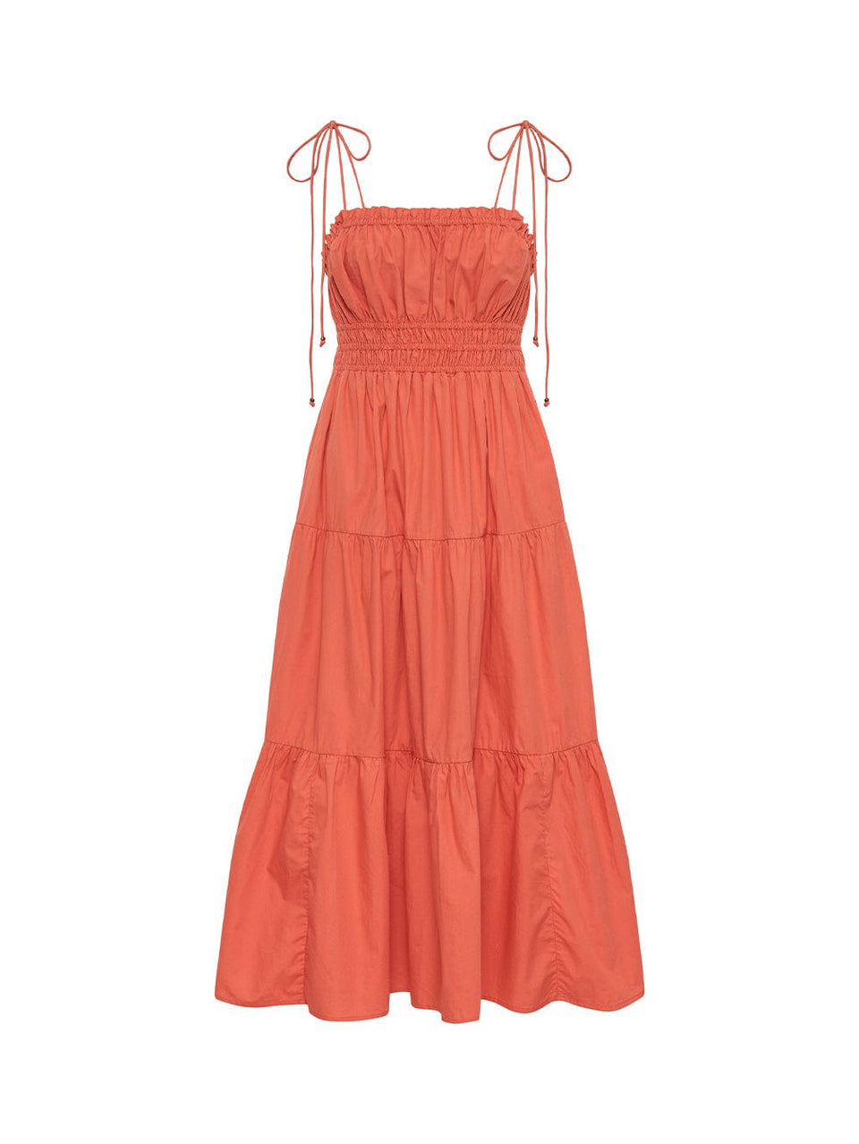 Ghost image of KIVARI Casini dress - a coral block colour dress with thin straps, elasticated waist and tiered skirt.