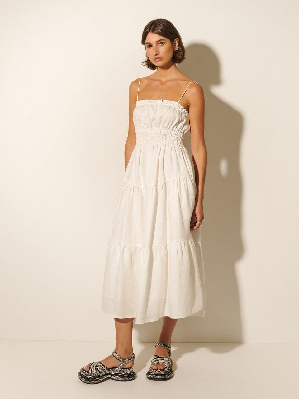 Corine Midi Dress KIVARI | Model wears ivory midi dress
