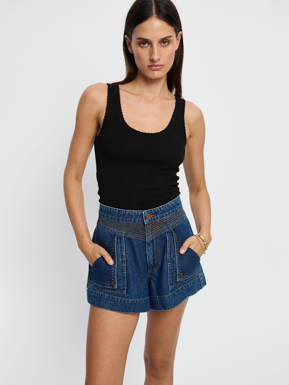 Celene Denim Short Indigo | Model wears blue denim short