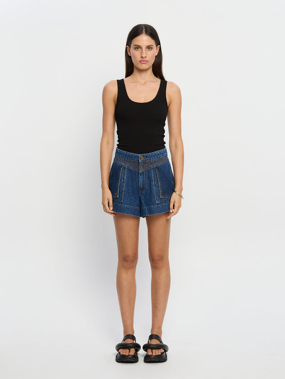 Tallulah Crochet Edge Scoop Tank KIVARI | Model wears black tank top