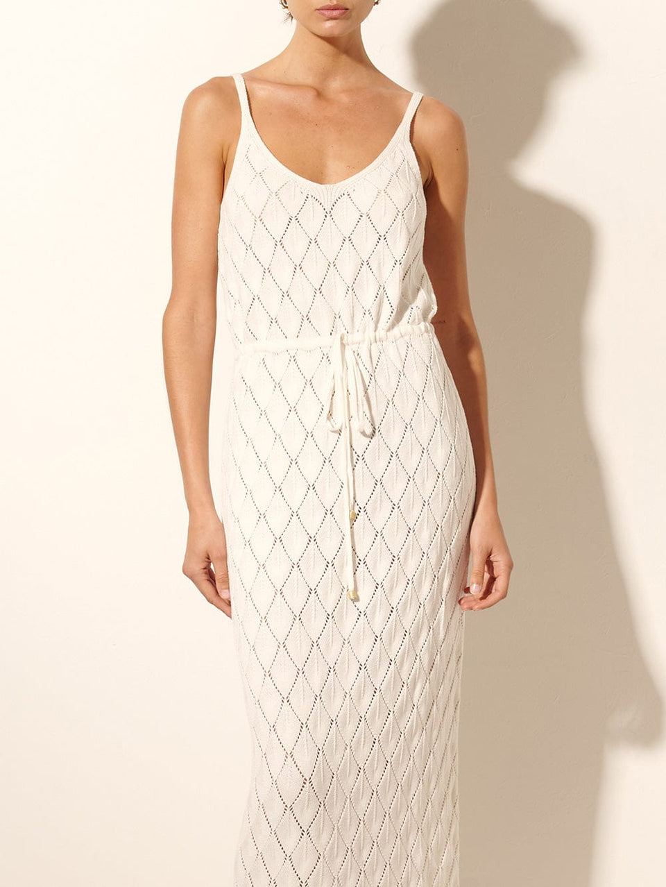 Claudia Strappy Knit Dress KIVARI | Model wears cream knit midi dress close up