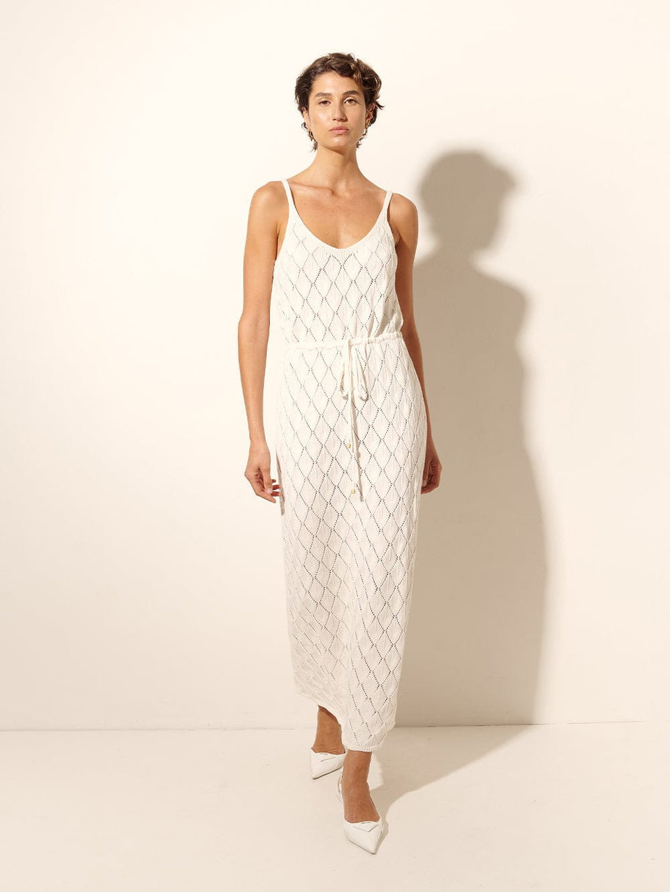 Claudia Strappy Knit Dress KIVARI | Model wears cream knit midi dress