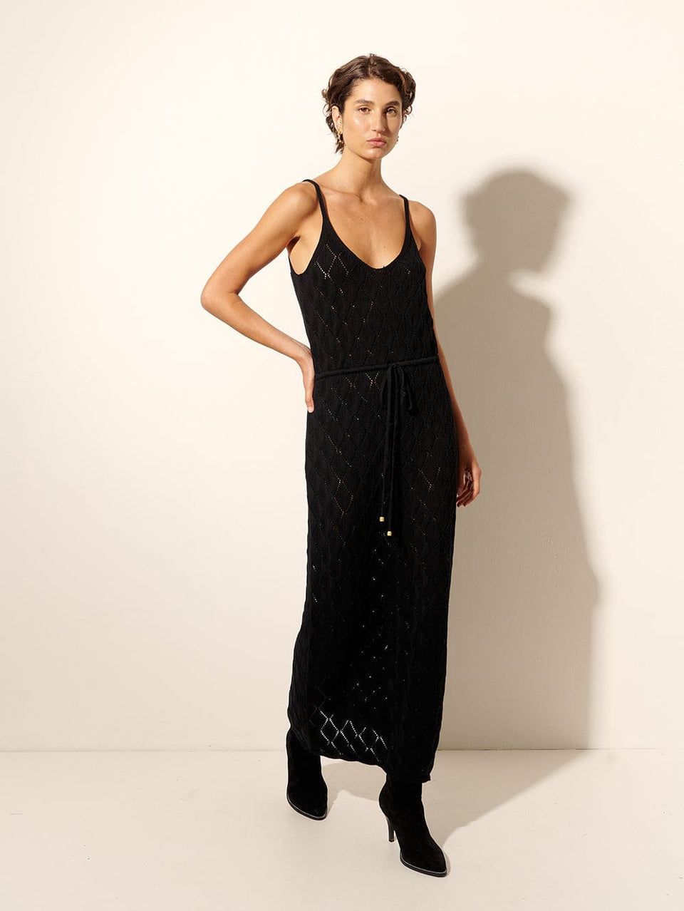 Claudia Strappy Midi Dress Black KIVARI | Model wears black knit midi dress