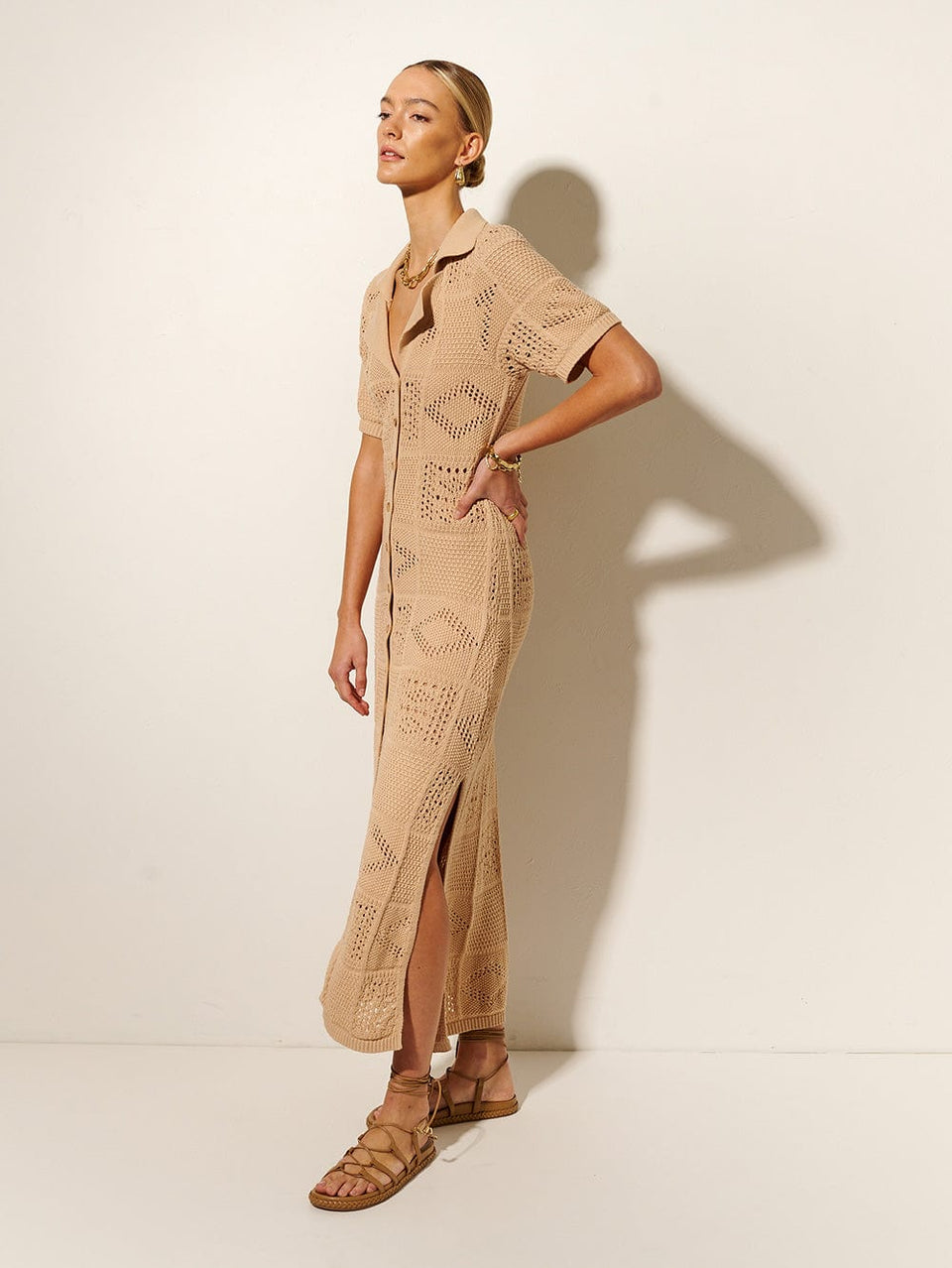 Clementine Collared Midi Dress KIVARI - Model wears natural coloured collared midi dress side view