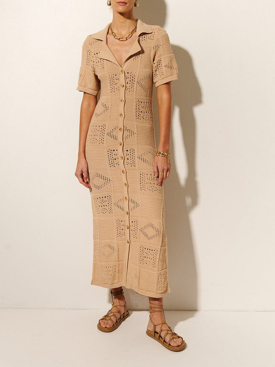 Clementine Collared Midi Dress KIVARI - Model wears natural coloured collared midi dress