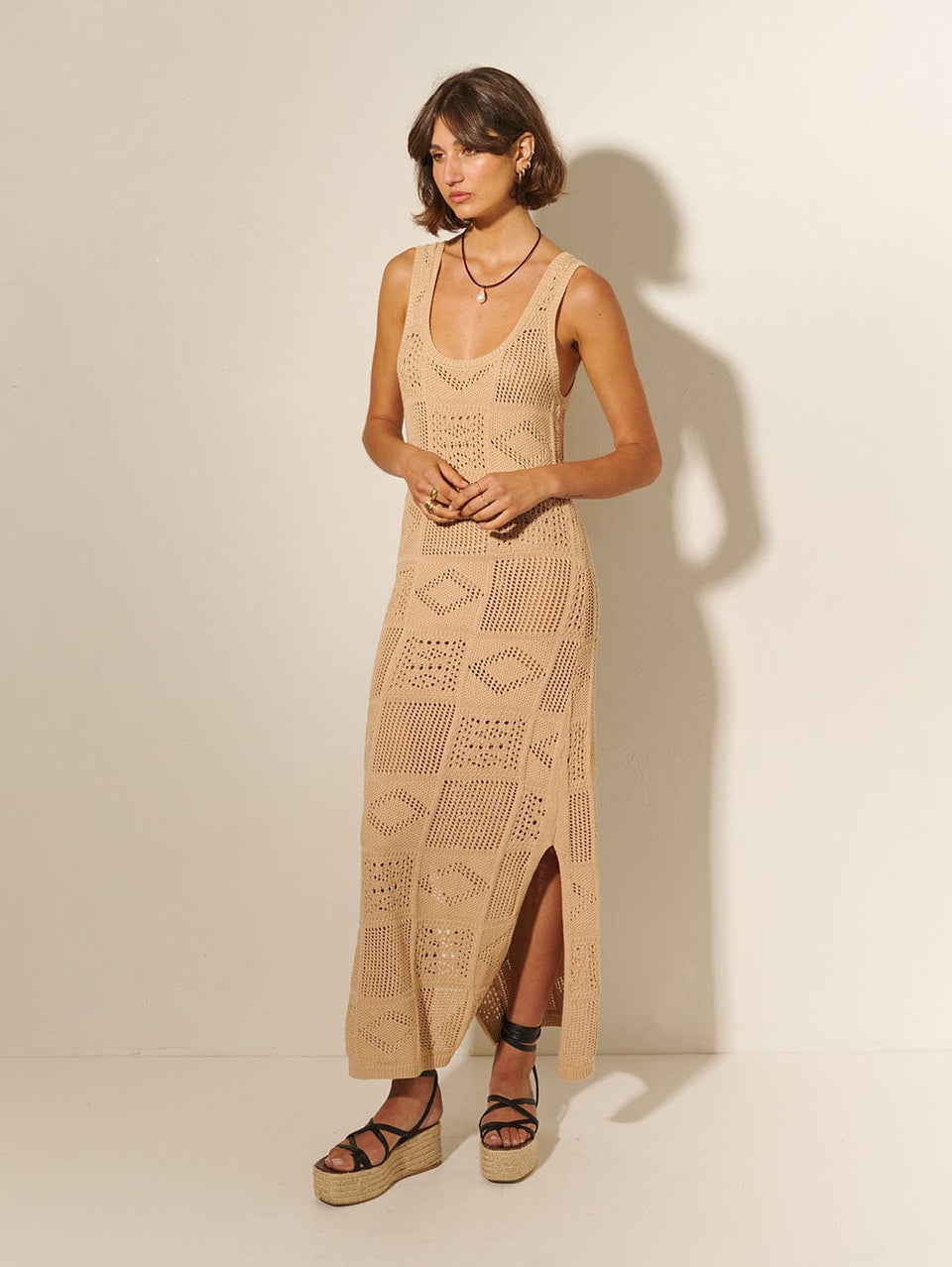 Clementine Midi Dress KIVARI | Model wears natural coloured midi dress