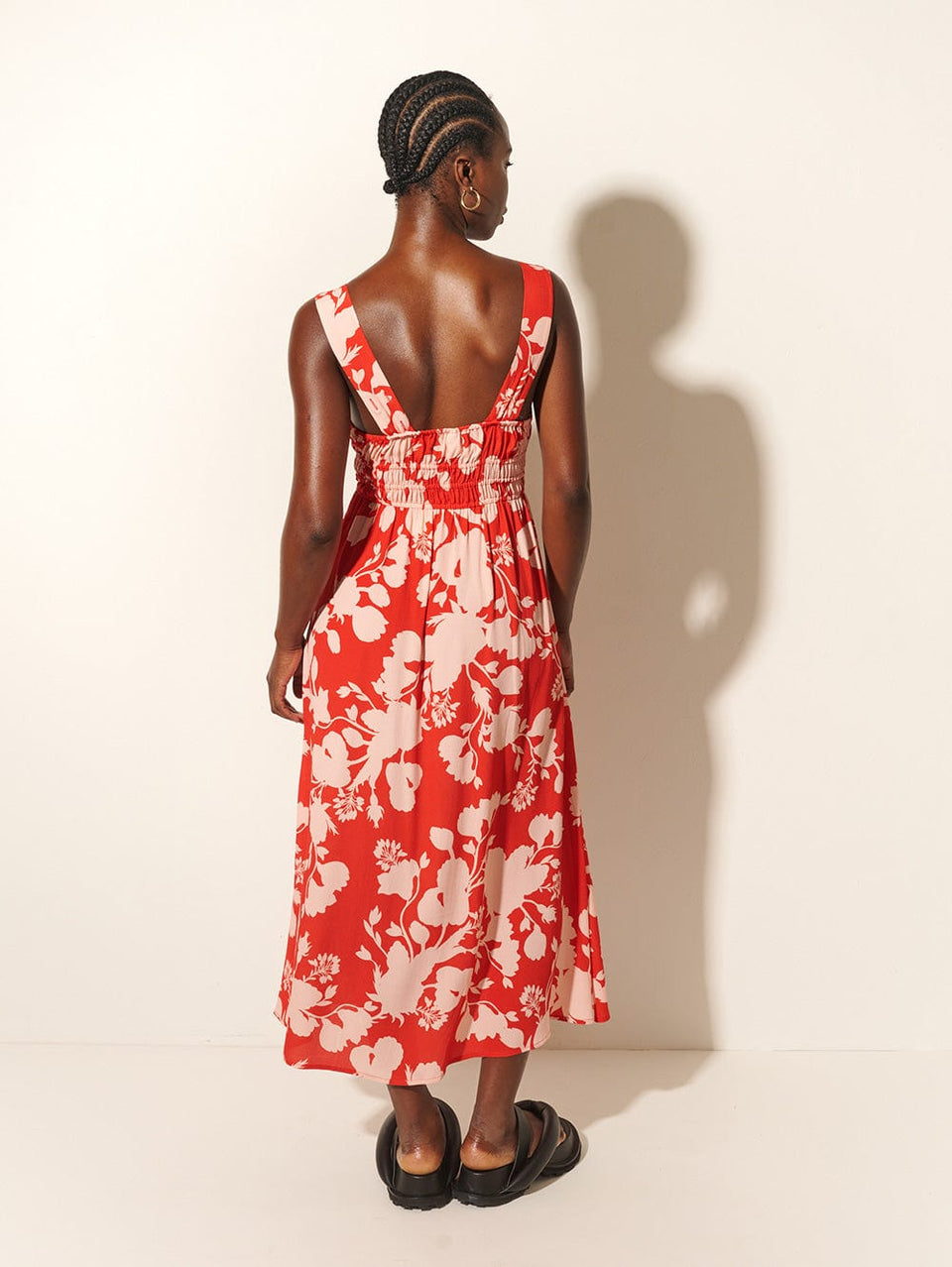 Delfina Midi Dress KIVARI | Model wears red and pink floral midi dress back view