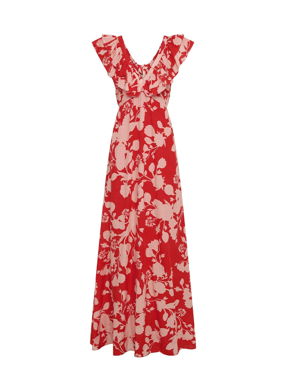 Delfina Ruffle Maxi Dress KIVARI | Pink and red floral maxi dress