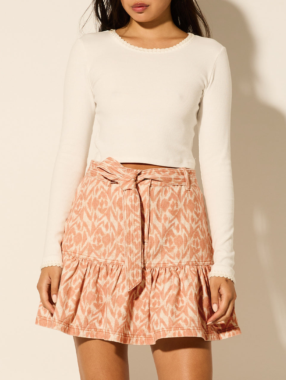 Elisa Mini Skirt KIVARI | Model wears ikat print mini skirt close up