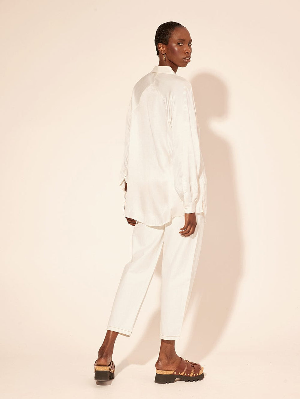 Emma Shirt White KIVARI | Model wears white cupro shirt back view