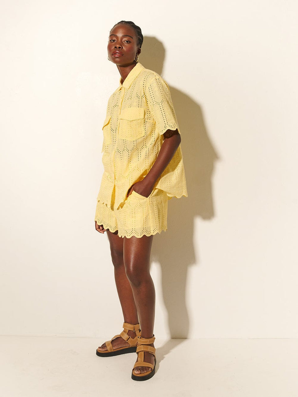 Estelle Shirt KIVARI | Model wears yellow shirt side view