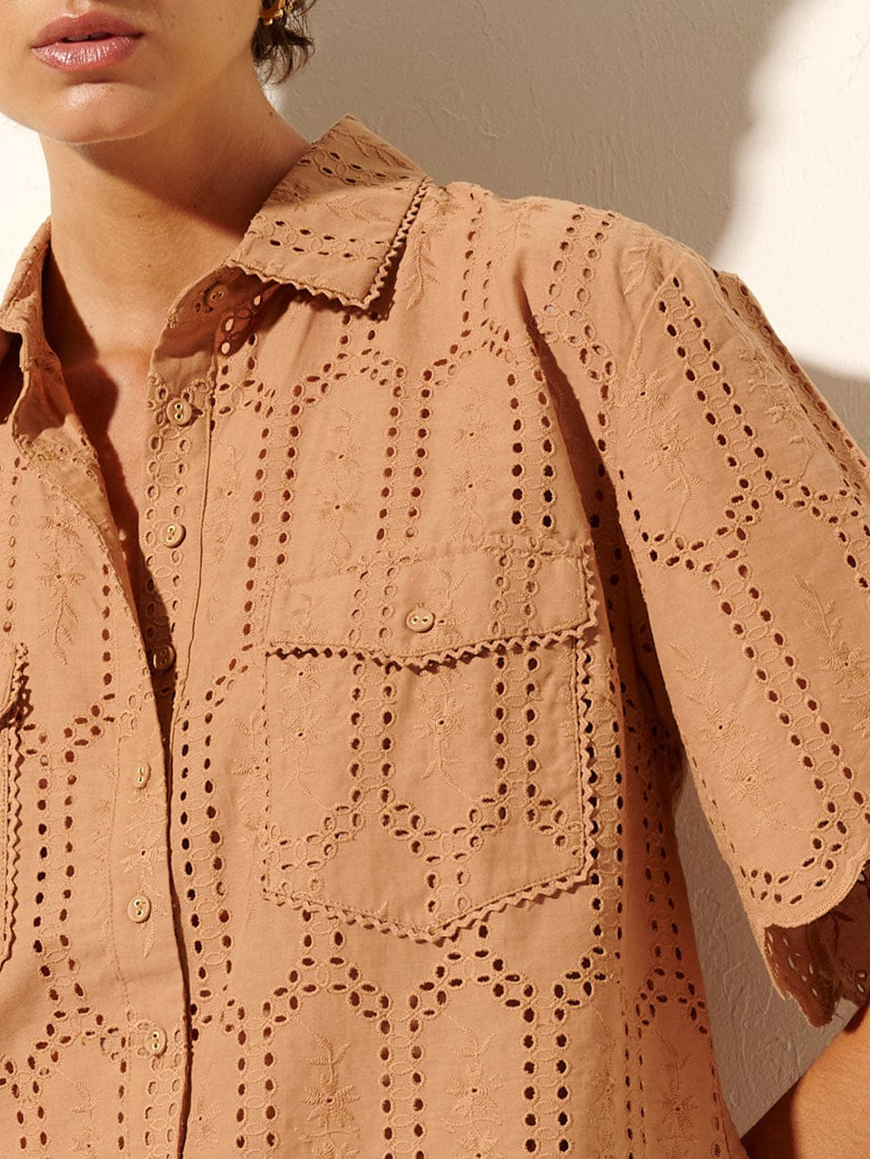 Estelle Shirt Mocha KIVARI | Model wears brown shirt with lace detail detail shot