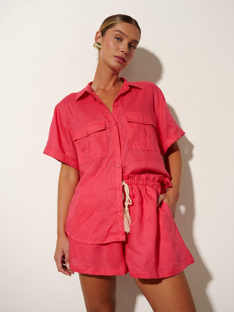 KIVARI Eve Shirt | Model wearing Pink Shirt 