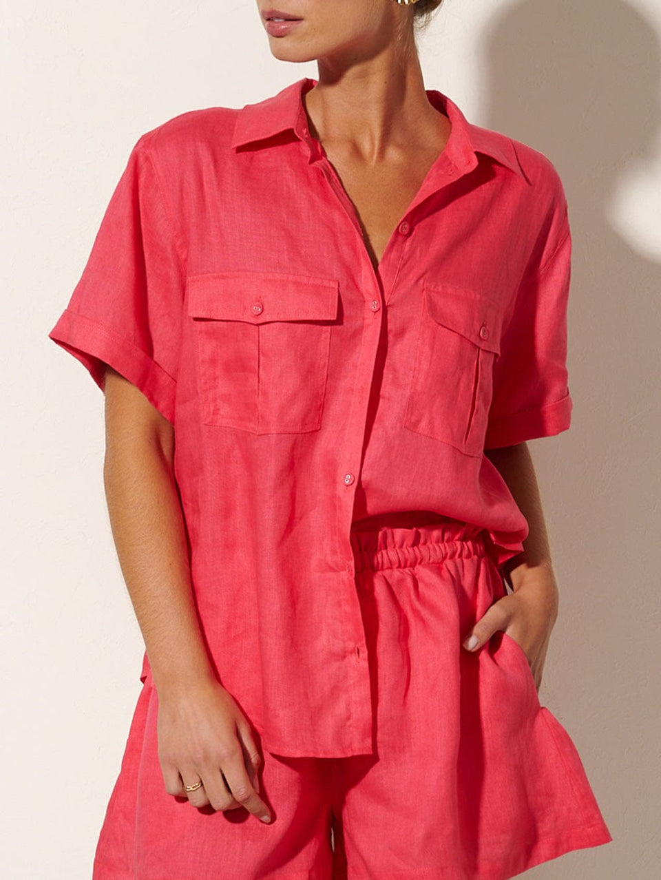 KIVARI Eve Shirt | Model wearing Pink Shirt Close Up