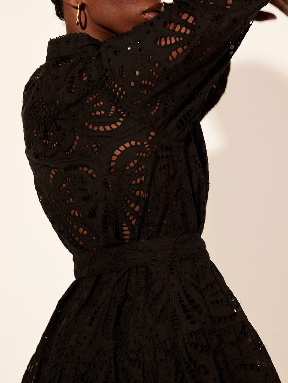 Gaia Mini Dress Black KIVARI | Model wears black mini dress detail shot