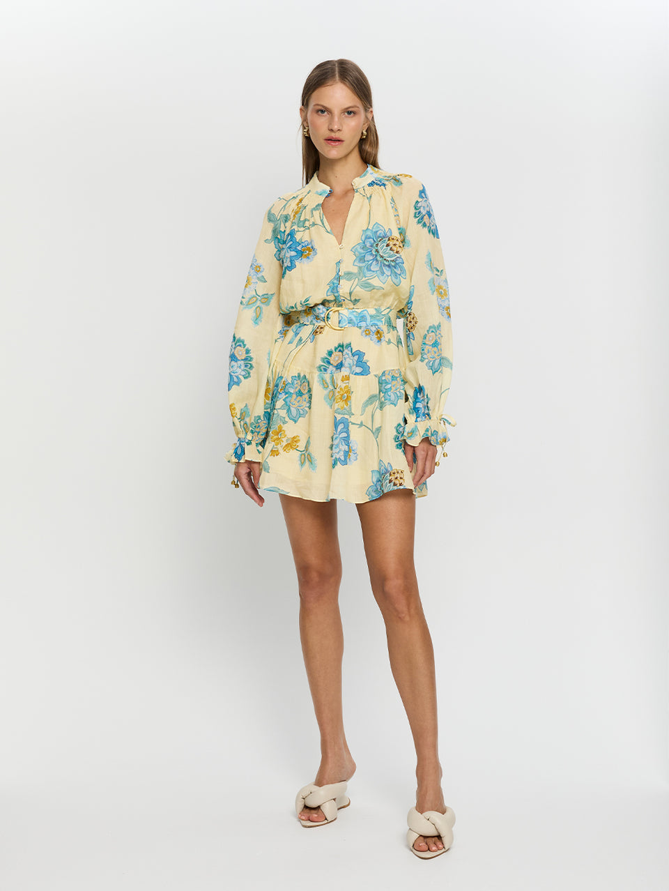 Giselle Blouson Mini Dress KIVARI | Model wears yellow and blue floral mini dress