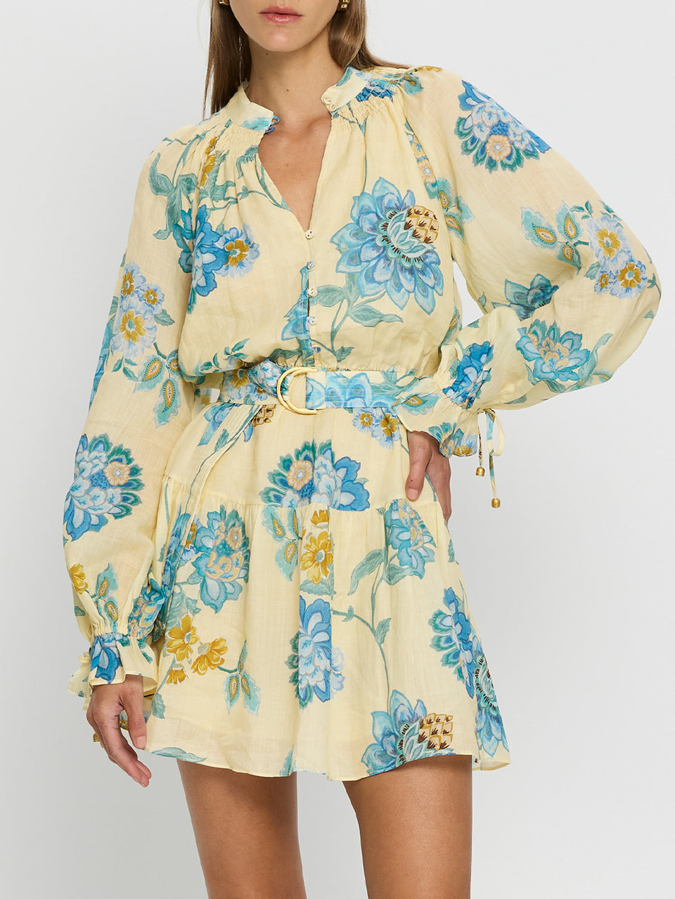 Giselle Blouson Mini Dress KIVARI | Model wears yellow and blue floral mini dress