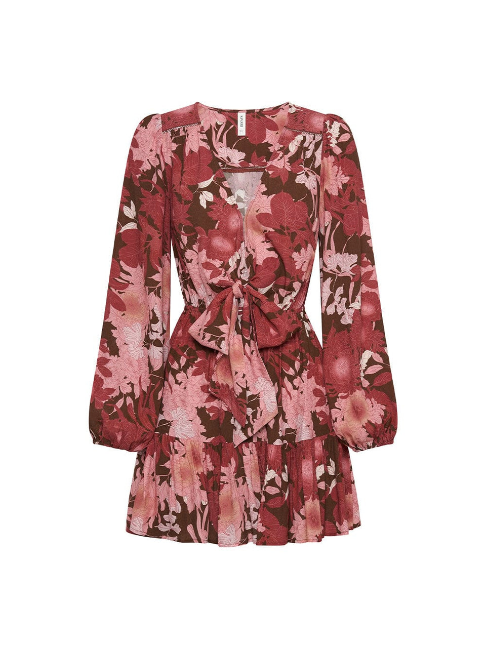 Ghost image of the KIVARI Hacienda Tie Front Mini Dress: A red, pink and brown floral dress crafted from sustainable LENZING Viscose Crepe featuring full-length sleeves, a tiered skirt and a soft ribboned tie.