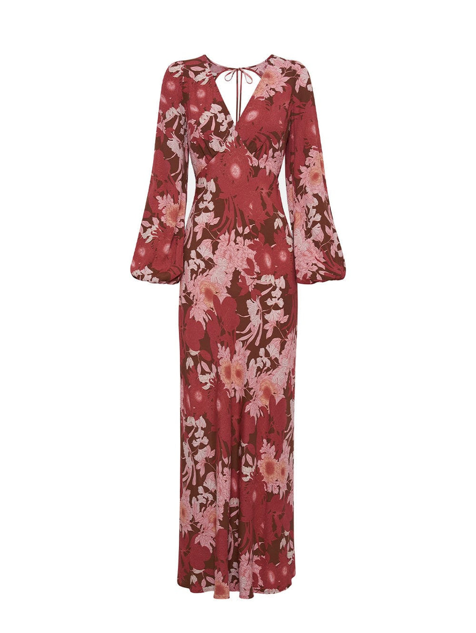 Ghost image of KIVARI Hacienda Tie Back Maxi Dress: A red, pink and brown floral dress crafted from sustainable LENZING Viscose Crepe in a bias cut with underbust seams, long sleeves and cut-out back with keyhole ties.