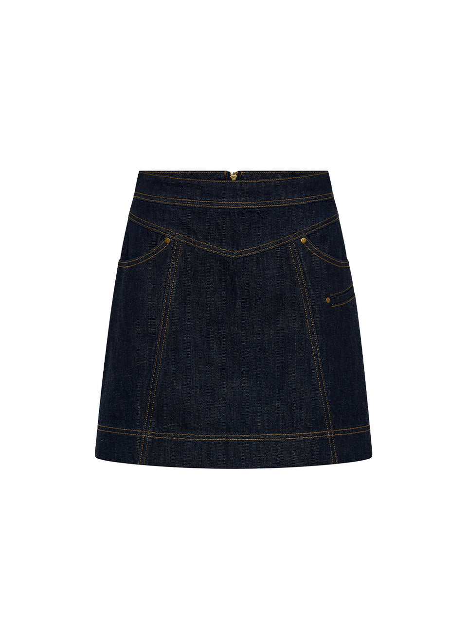 Dark blue denim skirt on a white background