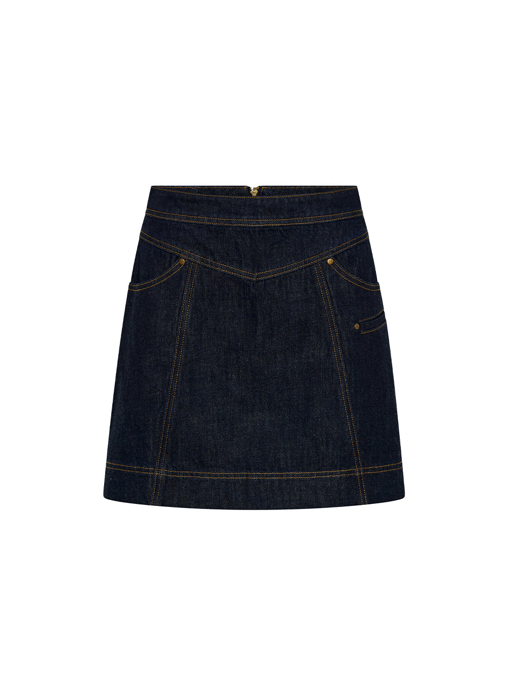 Dark blue denim skirt on a white background