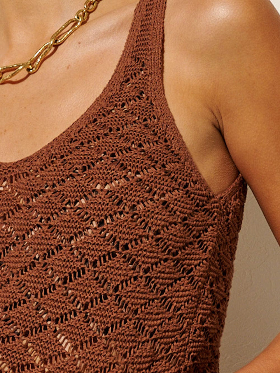 Irie Crochet Cami KIVARI | Model wears brown crochet tank close up