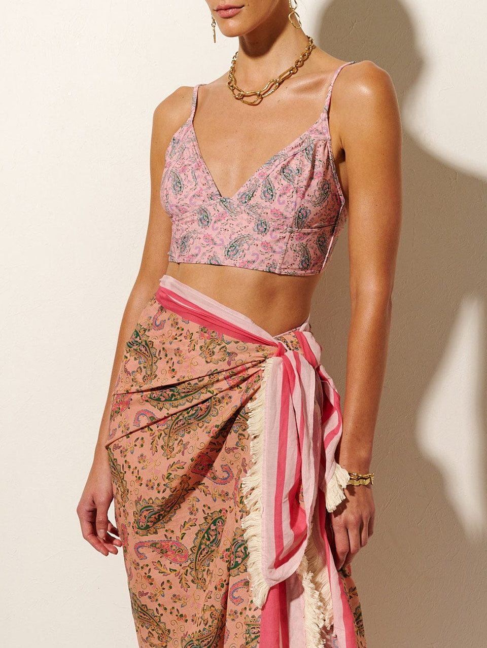 Isha Panelled Bikini Top KIVARI | Model wears pink paisley bikini top side view