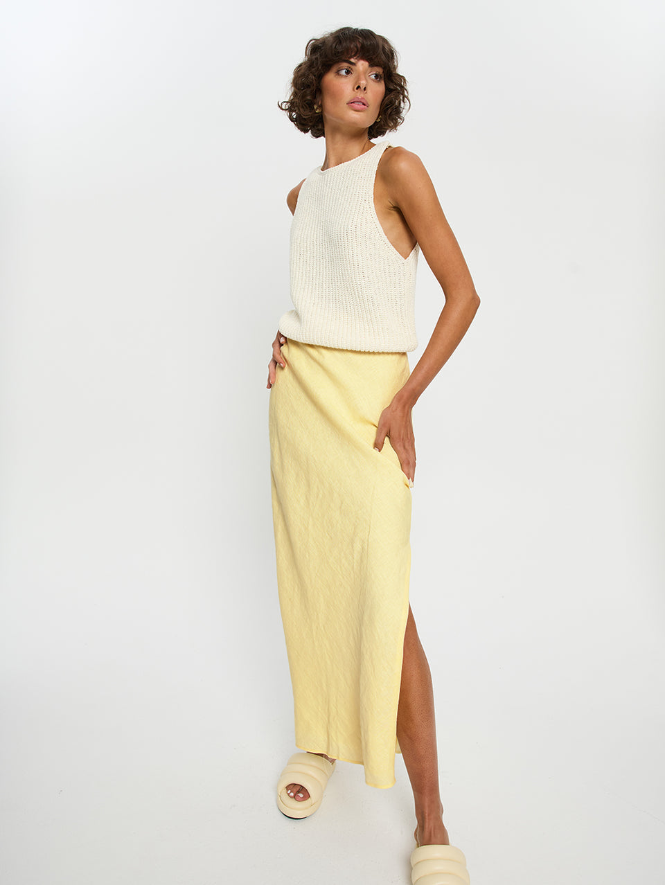 Ivy Knit Cami - Ivory | Model wearing ivory cami with yellow skirt