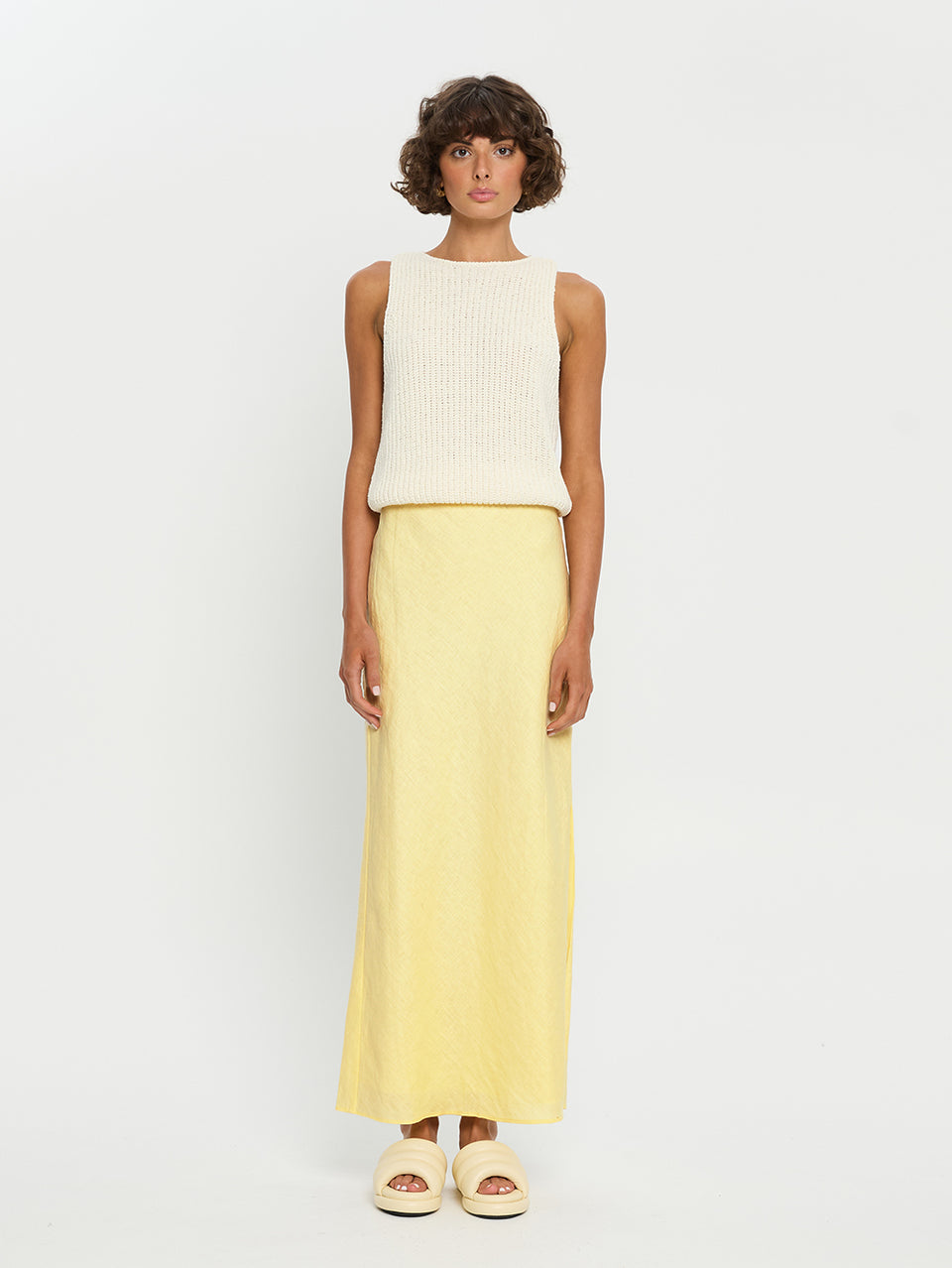 Ivy Knit Cami - Ivory | Model wearing ivory cami with yellow skirt