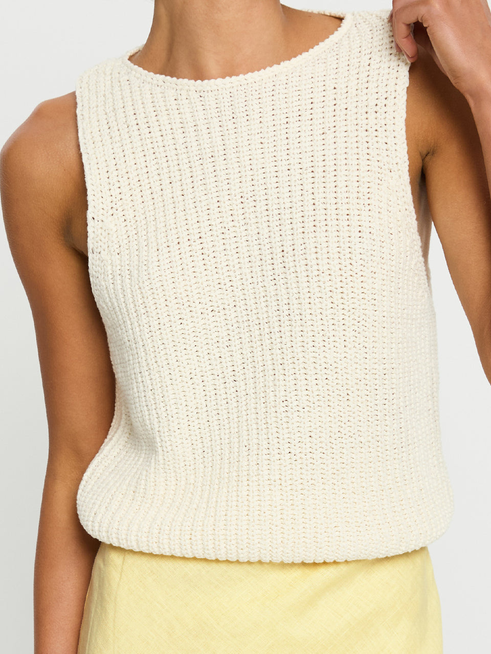 Ivy Knit Cami - Ivory | Model wearing ivory cami with yellow skirt