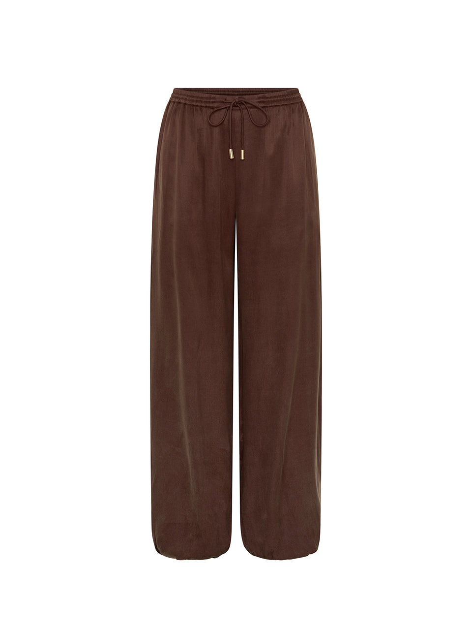 A pair of wide-leg brown lounge pants with an elastic drawstring waist, displayed on a clean white background.