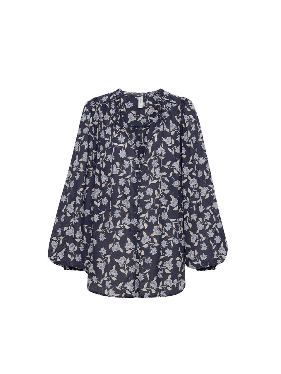 Ghost image of KIVARI Jeanne Blouse: A navy and sky blue floral blouse made from cotton and featuring a button front, full-length blouson sleeves and frill collar detail.
