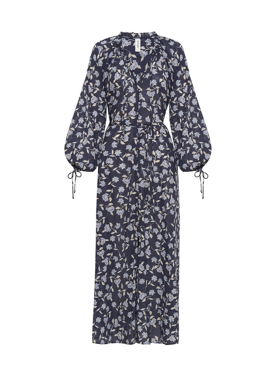 Ghost image of KIVARI Jeanne Maxi Dress: A navy and sky blue floral dress made from cotton and featuring a button front, waist tie, full-length blouson sleeves and frill collar detail.