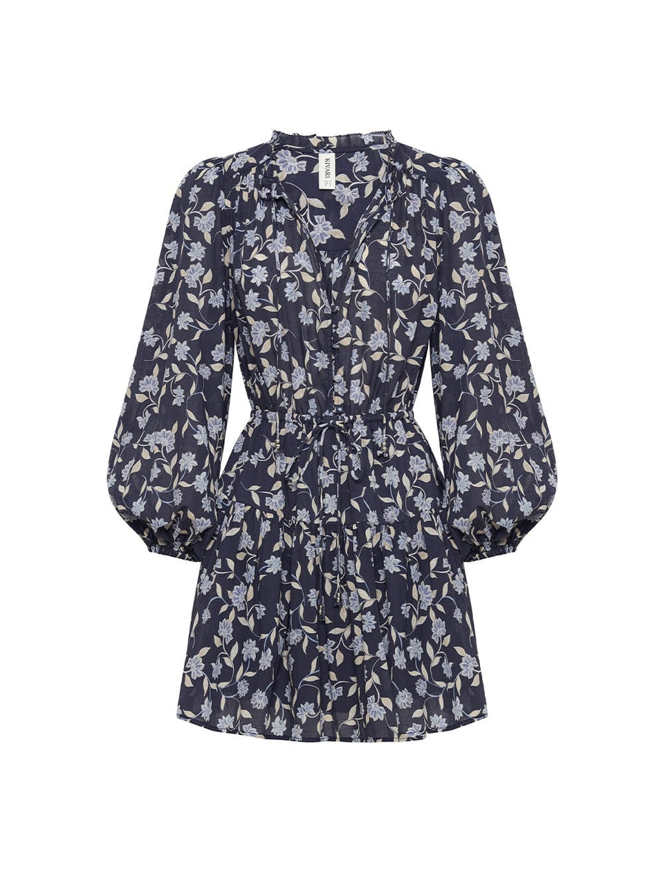 Ghost image of KIVARI Jeanne Mini Dress: A navy and sky blue floral dress made from cotton and featuring a button front, elasticated waist tie, full-length blouson sleeves and frill collar detail.