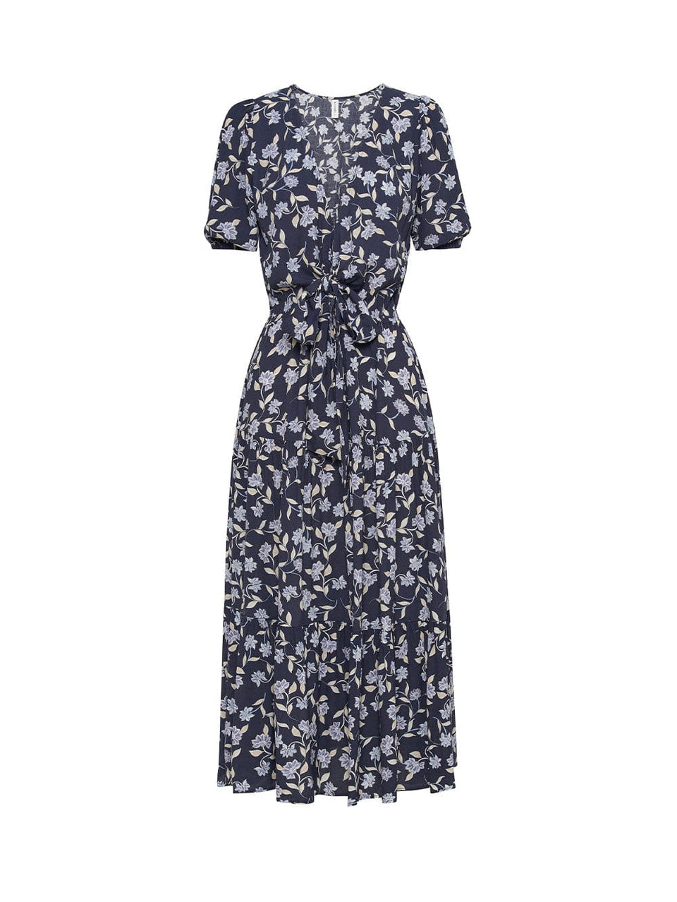 Ghost image of the KIVARI Jeanne Tie Front Midi Dress: A navy and sky blue floral dress made from sustainable LENZING Viscose Crepe and featuring a tie front, elasticated waist, short puff sleeves and tiered skirt.