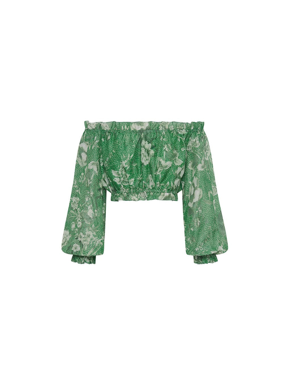 Ghost image of KIVARI Khalo Crop Top: A green floral off-the-shoulder top with full-length blouson sleeves and elasticated bust, waist and sleeve details.
