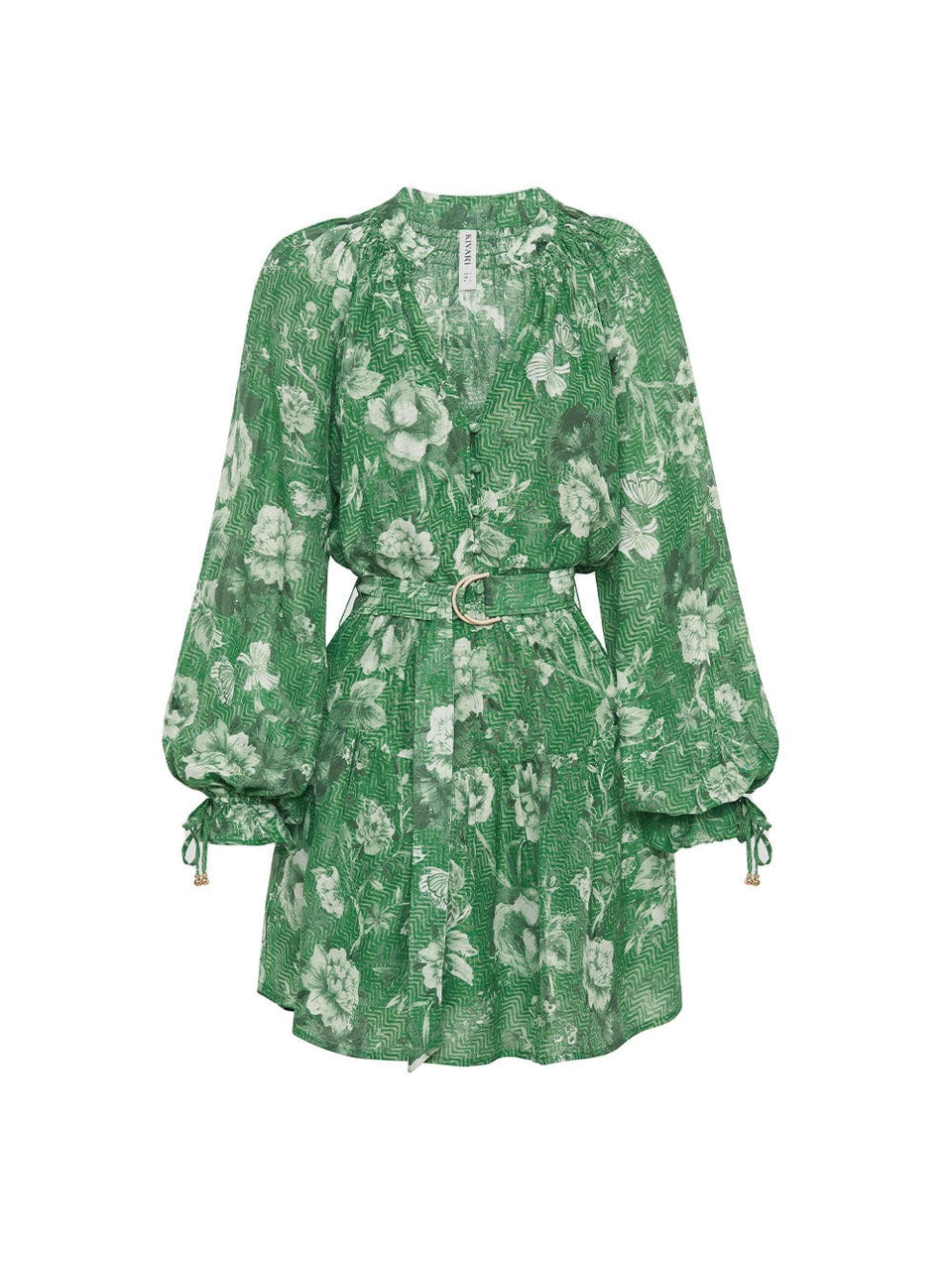 Ghost image of KIVARI Khalo Mini Dress: A green floral dress featuring a button-through bodice, full-length blouson sleeves and a tiered skirt with belt. 