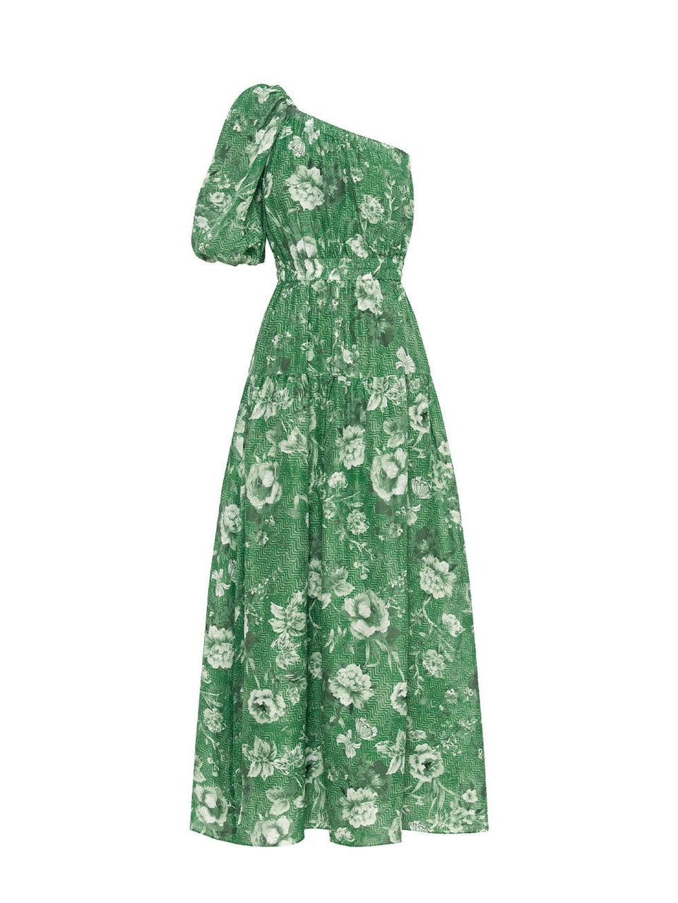 Ghost image of KIVARI Khalo Maxi Dress: A green floral one-shoulder dress with a short sleeve, elasticated front and waist, and tiered skirt.