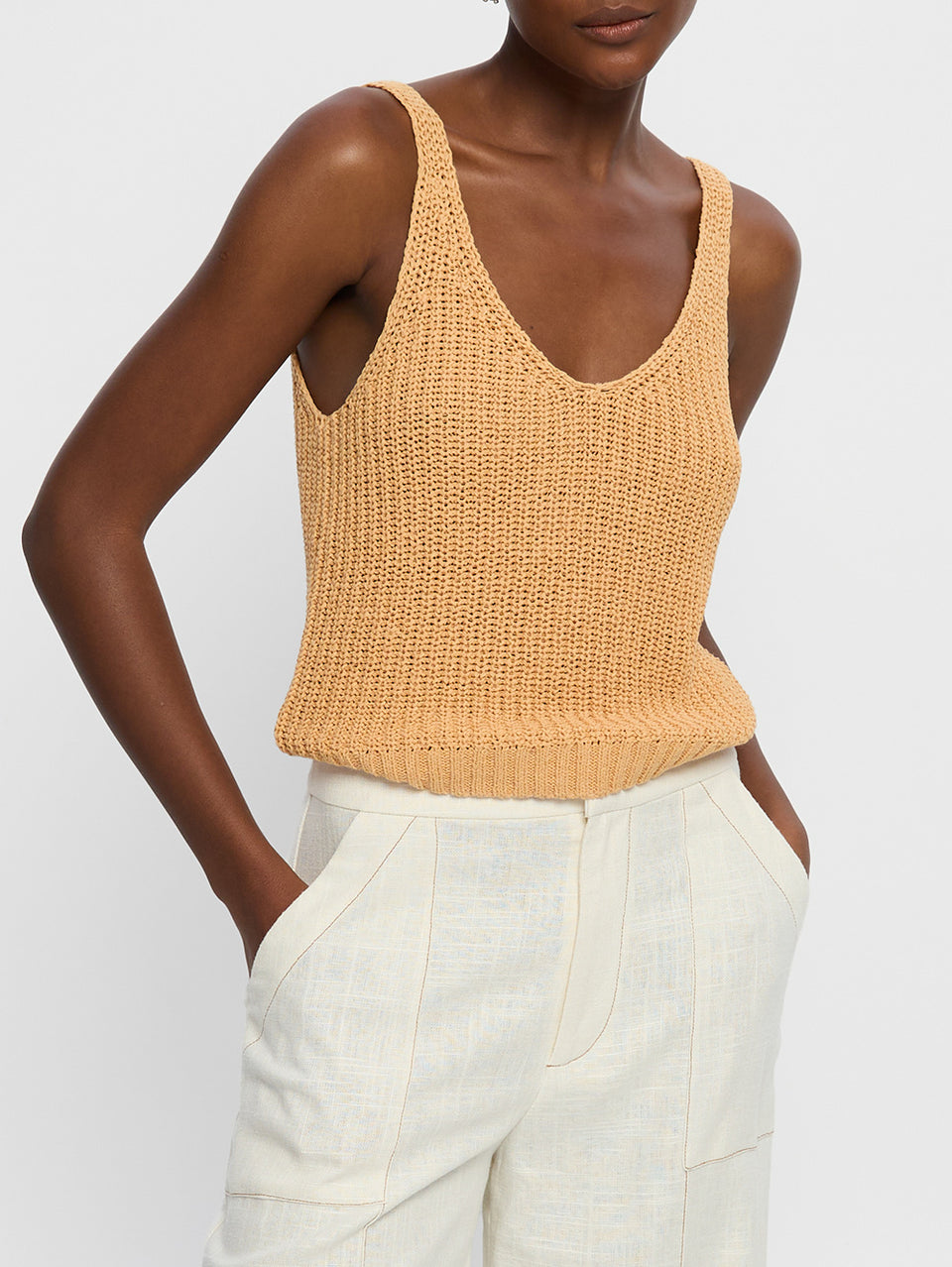 Lana Knit Cami Tan KIVARI | Model wears burnt orange knit cami top close up