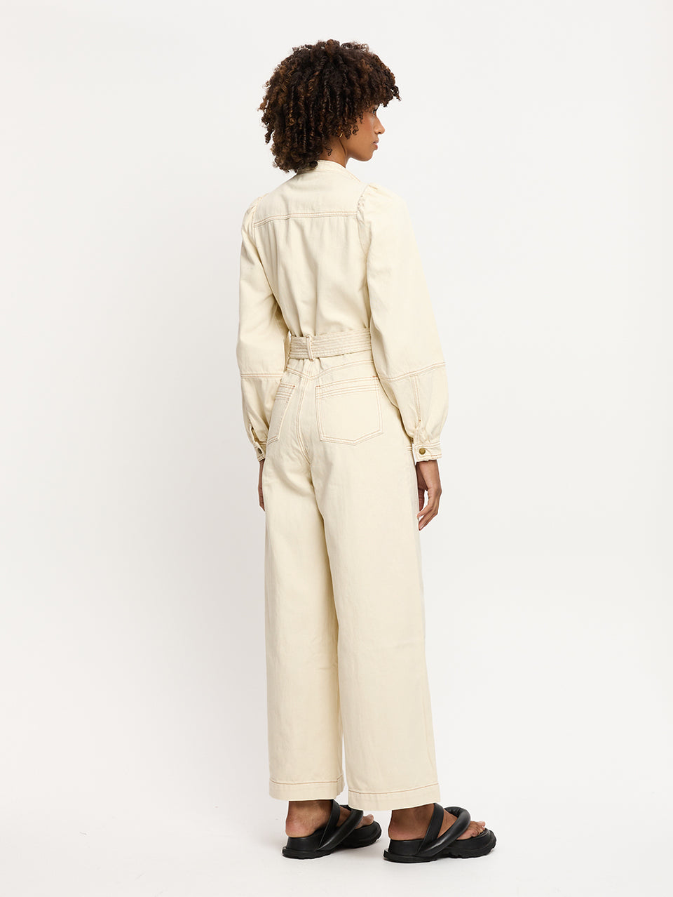 Lourdes Boilersuit Cream KIVARI | Model wears cream denim boilersuit back view