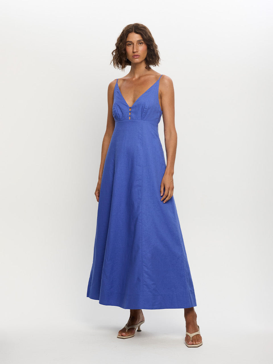 Woman in maxi blue dress