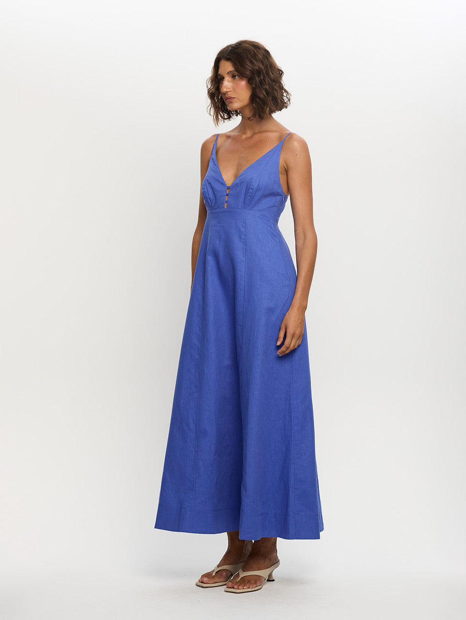 Woman in maxi blue dress